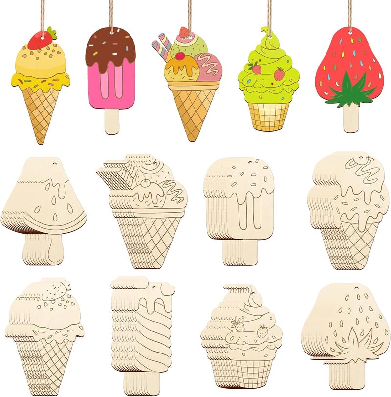 Sophena 80PCS Wooden Ice Cream Cutouts Ornaments to Paint,Summer Decorations 8 Styles DIY Blank Unfinished Wood Cutouts Ornament for Crafts Hanging Decorations - Image 1